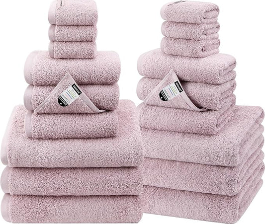 SEMAXE 18-Pack Bath Towel Set Include 6 Bath Towels, 6 Hand Towels, 6 Wash Cloths, 100% Cotton Bathroom Towels with Hanging Loops and Nano-Bio Lifecycle Labels, Soft & Absorbent Towel, Purple