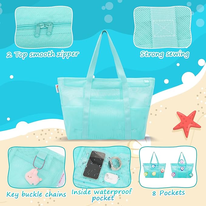 Tagitary Mesh Beach Bag with Zipper Large Beach Tote Waterproof Sandproof with 8 Pockets for Toys Pool Bag Beach Accessories