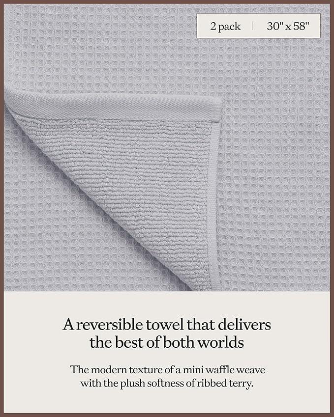 Cozy Earth Waffle Bath Towels - 60% Cotton 40% Viscose from Bamboo Bath Towels 30 x 58 Inches - Soft & Absorbent Terry, Reversible Mini Textured Waffle & Weave Pattern - 2 Pack