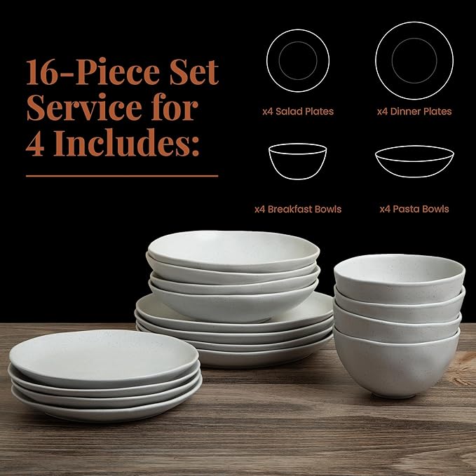 Trasa Home by Larder & Vine, Eco-Friendly High Fired Artisan Stoneware, Organic & Modern Dinnerware, 16 piece set, 4 place settings (Millstone)