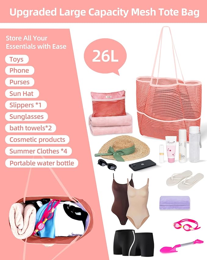 Mesh Beach Tote Bag Packable,2025 New 2-in-1 Large Lightweight Foldable Beach Bags with Multiple Pockets for Women