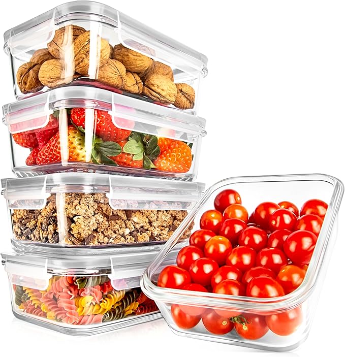 NutriChef 10-Piece Superior Glass Food Storage Containers Set (5 Containers + 5 Locking Lids),Stackable Meal-prep Design, BPA-free Airtight Clear Locking lids with Vent Lids & Air Hole, Gray