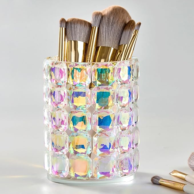 Crystal Makeup Brush Holder Organizer,Vanity Bathroom Canisters,Glass Toothbrush Holders for Bathroom,Pen Holder for Office,Bling Vanity Organizer and Storage