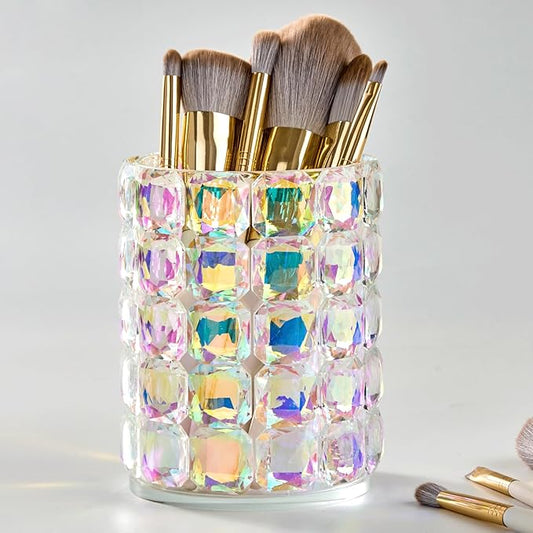 Crystal Makeup Brush Holder Organizer,Vanity Bathroom Canisters,Glass Toothbrush Holders for Bathroom,Pen Holder for Office,Bling Vanity Organizer and Storage