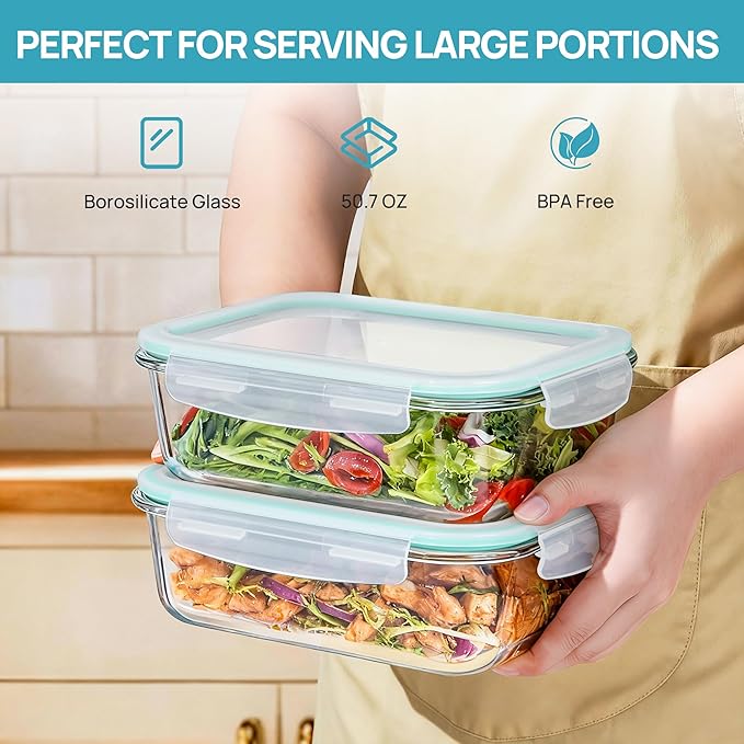 Vtopmart 2Pack 1500ml/50.7oz Large Glass Storage Containers with Lids, Meal Prep Food Container Set with Snap Airtight Lid for Baking, Microwave, Oven, Leak Proof, for Freezer, Dishwasher, Green