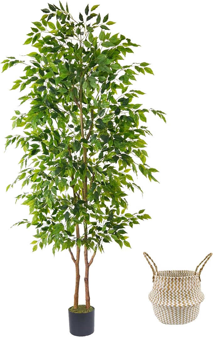 8ft Artificial Ficus Tree, 96” Realistic Ficus Leaves Large Fake Plant with Basket, Indoor Outdoor Potted Faux Tree for Home Garden Office House Livingroom Décor