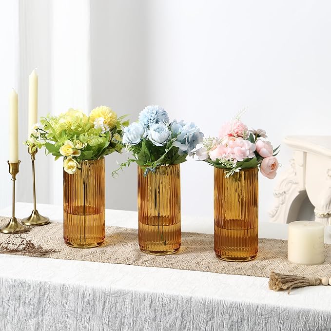 Amber Glass Vases, Flower Vases Set of 3, Ribbed Glass Vase for Tulips, Tall Cylinder Glass Vases for Living Room, Bedroom, Dining Table, Office, Wedding, Bookshelf Decoration, 8 Inches