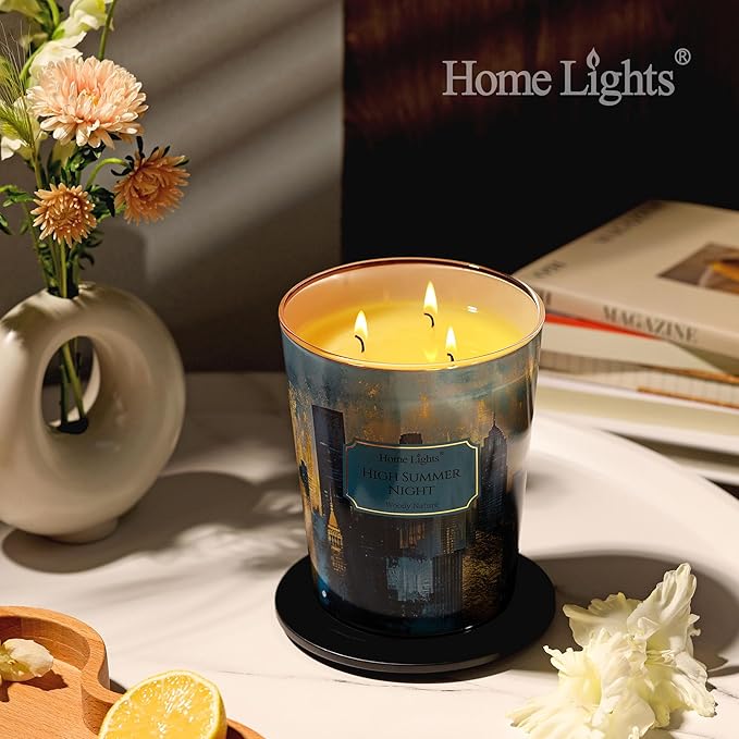 HomeLights High Summer Night Scented Candles | 34oz Soy Candles Industrial Chic 3-Wick Large Candle Jars | Ideal Candle Gifts for Events, Home Decor Stress, Relief & Relaxation