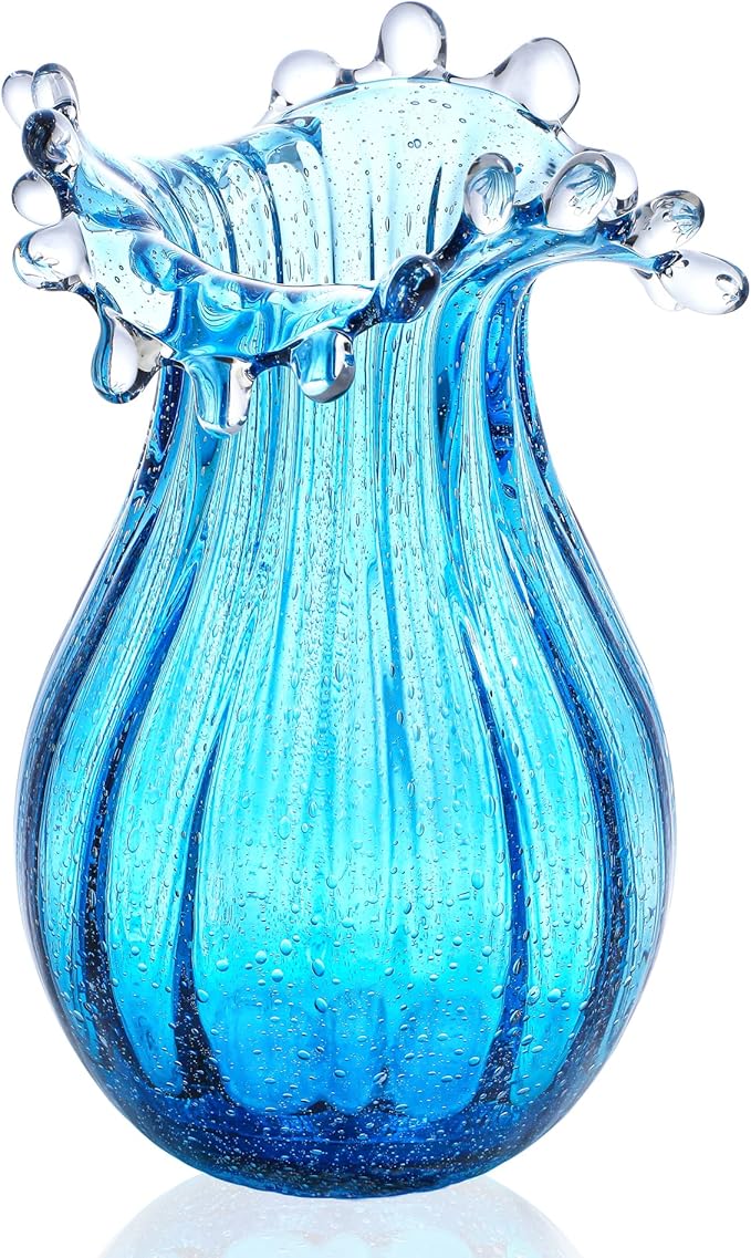 8inch Blown Glass Bubble Vase Collection Modern Art Flower Vase Decoration for Home Decor Living Room,Office,Centerpiece,Table and Wedding,Blue
