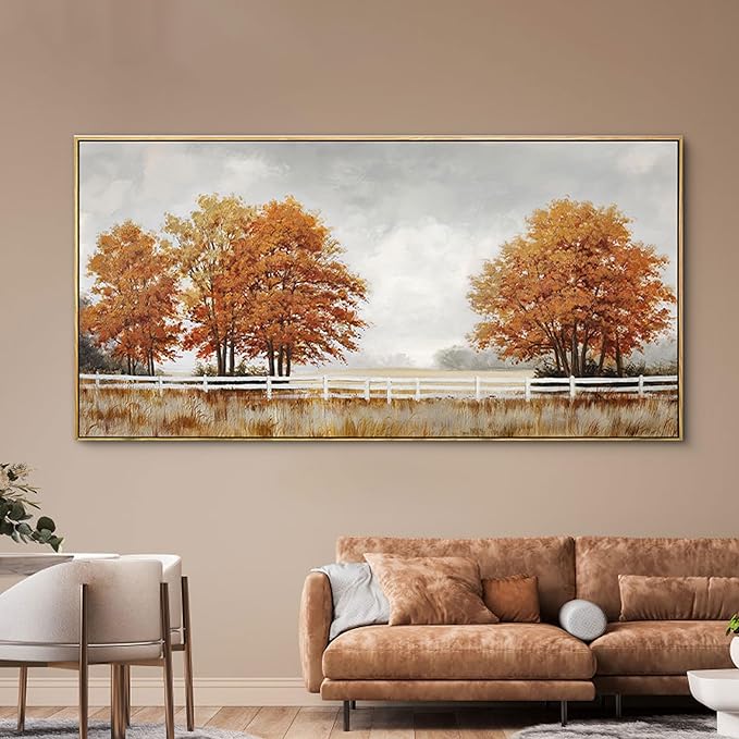 yiijeah Orange Wall Art - Large Canvas Living Room Wall Decor Fall Burnt Orange Tree Picture Ruict Landscape Poster Framed Artwork for Bedroom Office Home Decoration 58x29