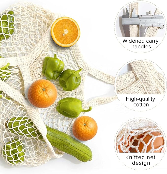 LZMS 3PCS Cotton Mesh Produce Bags,Reusable Grocery Veggie Net Tote,Washable Farmers Market Storage with Wide-Strap Carry Handles(Short Handle)