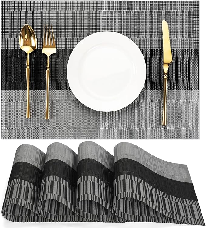 Placemats Set of 4, Vinyl Woven Place Mats Indoor Set of 4 Washable Wipeable PVC Table Mats Heat-Resistant Non Slip Plastic Placemat for Kitchen Dining Outdoor Table (Gray Black, Set of 4)