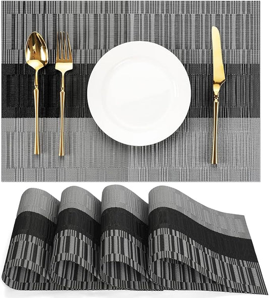 Placemats Set of 4, Vinyl Woven Place Mats Indoor Set of 4 Washable Wipeable PVC Table Mats Heat-Resistant Non Slip Plastic Placemat for Kitchen Dining Outdoor Table (Gray Black, Set of 4)