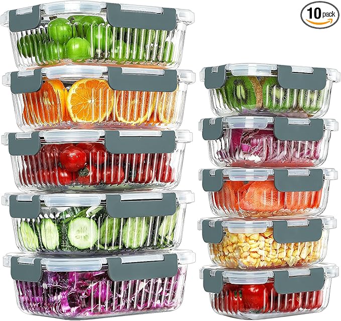KOMUEE 10 Packs Glass Meal Prep Containers with Lids, Glass Food Storage Containers Set, Airtight Lunch Containers, Microwave, Oven, Freezer and Dishwasher Safe, Gray