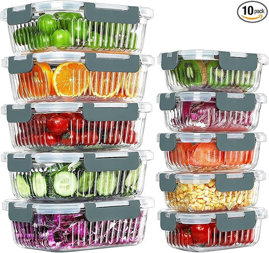 KOMUEE 10 Packs Glass Meal Prep Containers with Lids, Glass Food Storage Containers Set, Airtight Lunch Containers, Microwave, Oven, Freezer and Dishwasher Safe, Gray