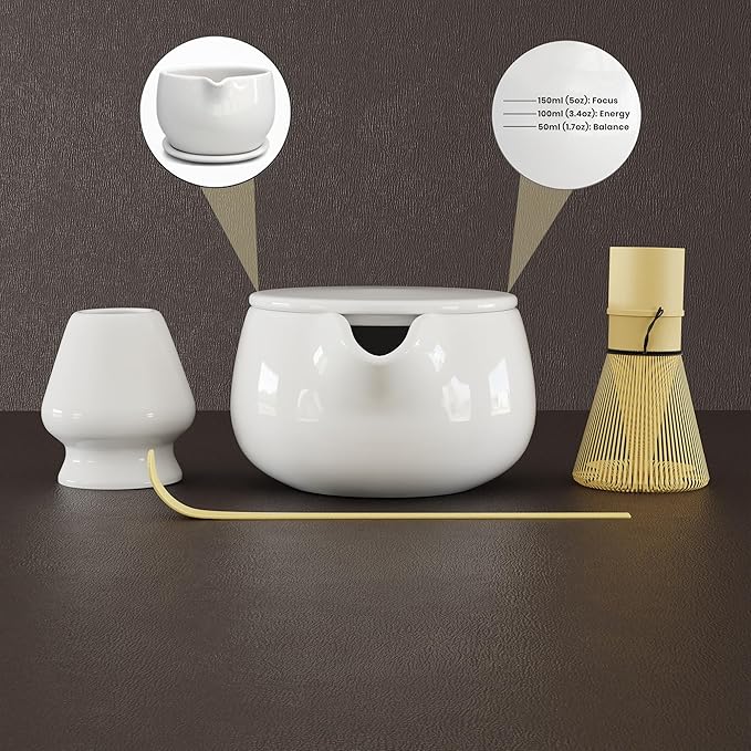 NEXTLUXE Matcha Whisk Set – Traditional Bamboo Chasen with Ceramic Bowl, Matcha Bowl and Whisk Kit - Measurement Lines, Spoon & Lid – White