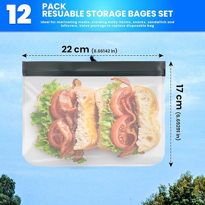 Reusable Silicone Food Bags – 12-Pack Set (Medium Sandwich Size 9x6") | BPA-Free, Leakproof, Eco-Friendly & Durable | Ideal for Meal Prep, Freezer, Lunch, Travel & Kitchen Storage