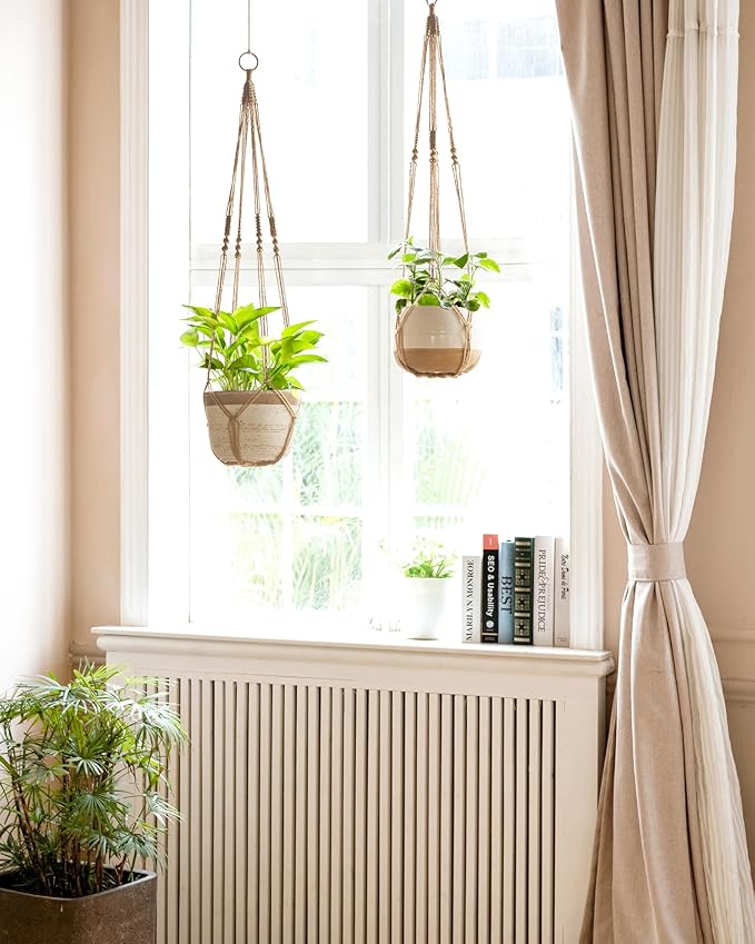 Dahey Macrame Plant Hanger Indoor Outdoor Hanging Planter Basket Large for up to 12" Pot Handmade Woven Cotton Rope Flower Pots Holder for Boho Home Decor, 43 Inch, Set of 2, Brown