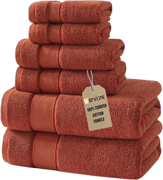 Marvione Bath Towels Set 6 Piece, 100% Turkish Cotton Highly Absorbent and Soft Towels for Bathroom 2 Bath Towels 2 Hand Towels 2 Washcloths, Burnt Orange