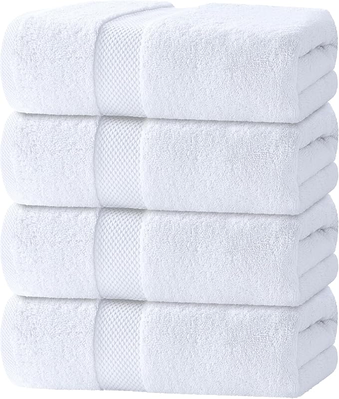 White Classic Luxury Bath Towels Set of 4 Large - 700 GSM Turkish Cotton Ultra Soft Bath Towels 27x54 | Highly Absorbent and Quick Dry | Hotel Towels for Bathroom Luxury, Plush Shower Towels, White