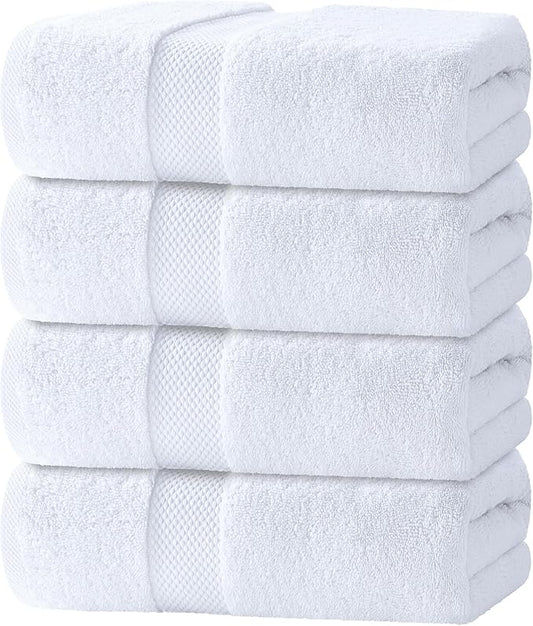 White Classic Luxury Bath Towels Set of 4 Large - 700 GSM Turkish Cotton Ultra Soft Bath Towels 27x54 | Highly Absorbent and Quick Dry | Hotel Towels for Bathroom Luxury, Plush Shower Towels, White