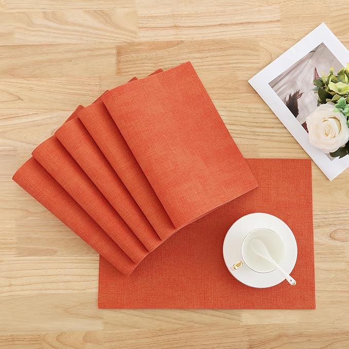 Homaxy Faux Leather Heat Resistant Placemats for Dining Table Set of 6, Waterproof Wipeable Washable PU Table Mats, Easy to Clean Anti-Slip Place Mats, 11.8" x 17", Orange