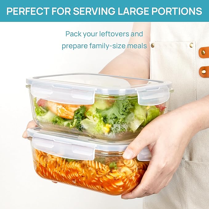 Vtopmart 2Pack 1860ml/63oz Large Glass Storage Containers with Lids, Meal Prep Food Container Set with Snap Airtight Lid for Baking, Microwave, Oven, Leak Proof, for Freezer, Dishwasher, Grey