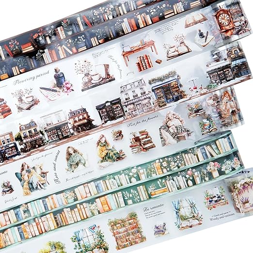 Reading Time PET Tape Set, 6 Rolls Mixed Pre-Cut and Continuous Tape with Clip, Waterproof Scrapbook Supplies for Journaling, DIY Crafts, and Planners