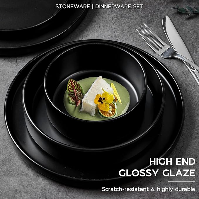 Onader Stoneware Dinnerware Set for 2 with Pasta Bowl, 8 Piece Plates and Bowls Dish Dinner Set, Microwave & Dishwasher Safe - Ebony Black
