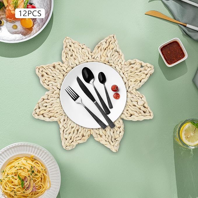 12pcs Corn Husk Placemats Placemats, Boho Wovean Rattan Table Mats, Farmhouse Wicker Spring P lacemats for Restaurant Dining Table Dessert Shops Coffee Shops 11.81in Polygonal Star