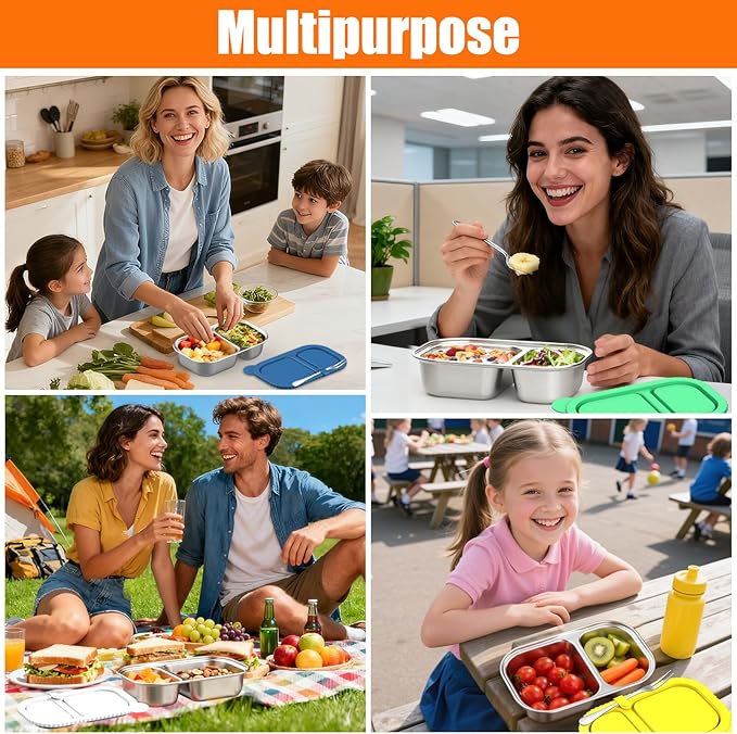 Stainless Steel Snack Containers with Silicone Lids, 2 Pack Reusable 2 Compartment Food Storage Containers, Snackle Box Container Leak-Proof Metal Bento Lunch Box for School, Travel, Home