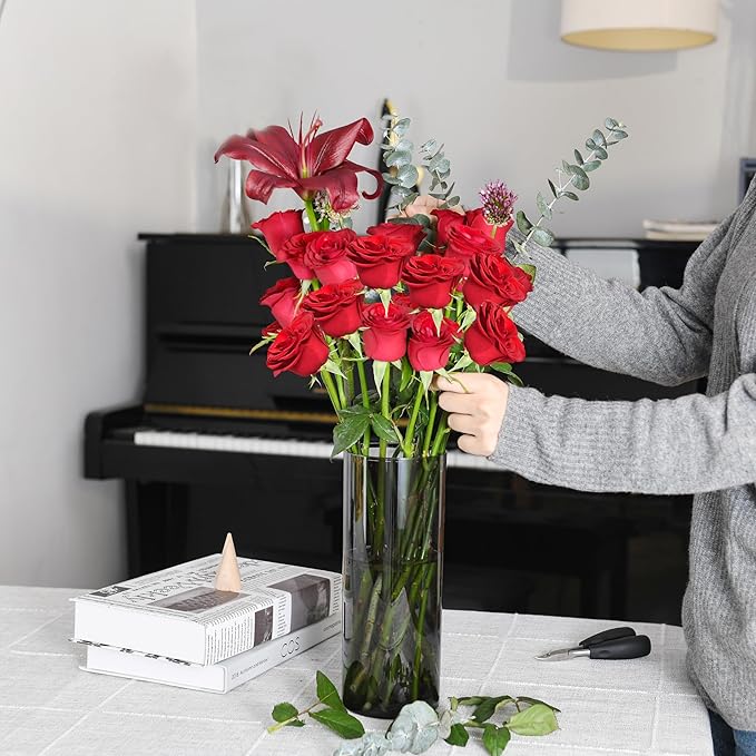 Flower Vase, Non-breakable Vases, 5" W x 16" H, Acrylic Grey Vase, Aesthetic Room Decor Cylindrical Modern Flower Vases for Table Centerpiece, Home Decor, Women Floral Arrangement Gift