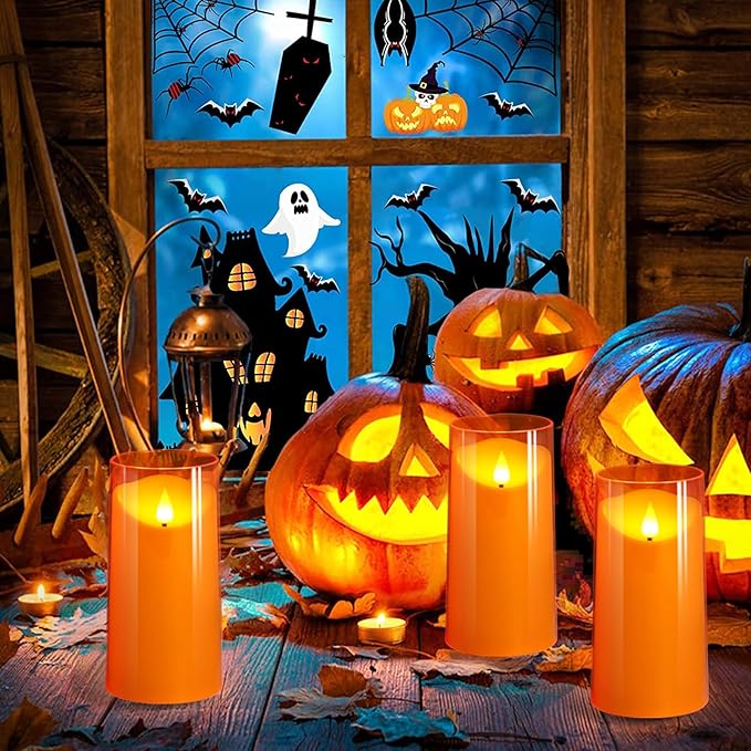 NURADA Flameless Candles with Remote and Timer - 3D Wick Unbreakable Acrylic Battery Operated LED Pillar Battery Candles for Fall Thanksgiving Dinner Tables Wedding Party Home Decor - Orange 2 Pack