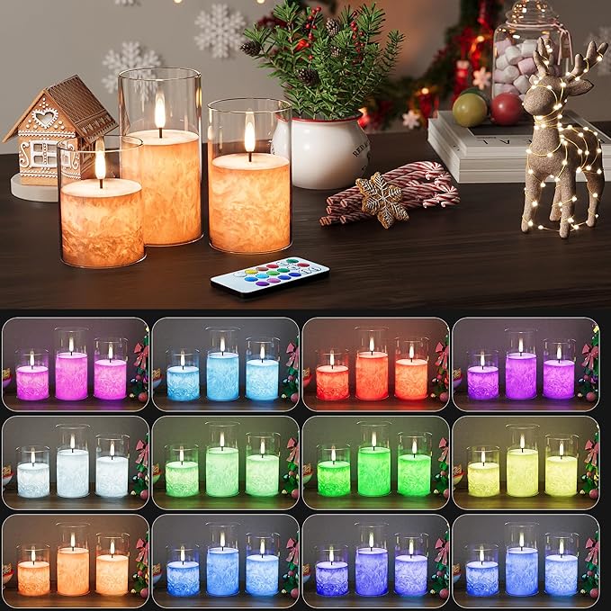 12Colors Ice Crystal Real Wax Glass Flameless Candles with Remote & Timer, Battery Operated Candles with Warm Flickering Flame, Realistic LED Candle for Wedding Home Decor [D3×H4/5"/6"] 3Pack