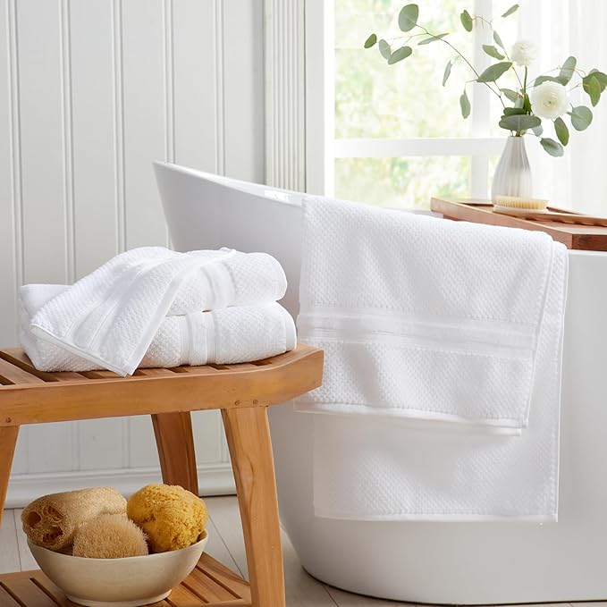Springtree Home White Bath Towels Set of 6 | Popcorn Textured | 100% Combed Cotton | Absorbent Quick-Dry Towels for Bathroom | Oeko-TEX® Standard 100 Cotton | Poli Collection - Bright White