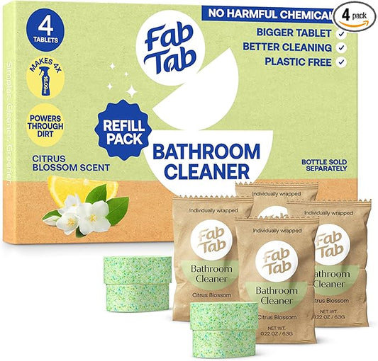 Fab Tab Bathroom Cleaner, Eco-Conscious Cleaning Tablets for Sparkling Bathrooms, Powerful Grime Remover, Citrus Scent, No Harmful Chemicals, Economical Refills - 4 Tablets (Bottle not included)