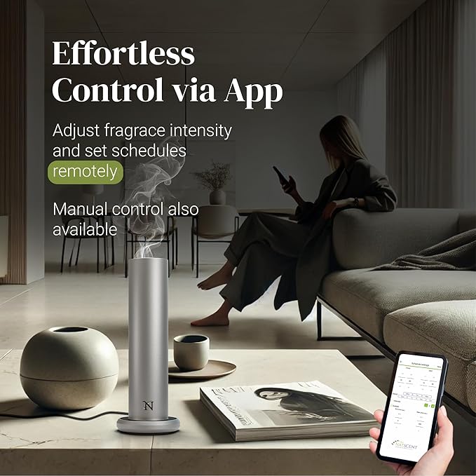 Dynamo Hotel Scent Diffuser – Cold-Air Essential Oil Diffuser for Home & Large Rooms up to 1000 sq ft, App & Manual Control, Hypoallergenic, Includes White Tea Fragrance Sample – Titanium