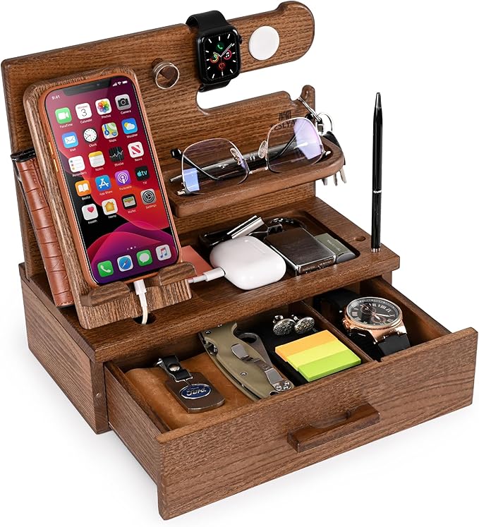 TESLYAR Wood Phone Docking Station with Drawer - Nightstand Organizer - Desk Organizer for Husband - Birthday Gifts for Men, Dad, Anniversary Idea, Key Holder Stand Watch & Accessories (Earth Beige)