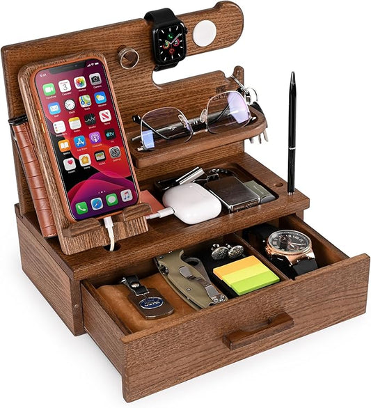 TESLYAR Wood Phone Docking Station with Drawer - Nightstand Organizer - Desk Organizer for Husband - Birthday Gifts for Men, Dad, Anniversary Idea, Key Holder Stand Watch & Accessories (Earth Beige)