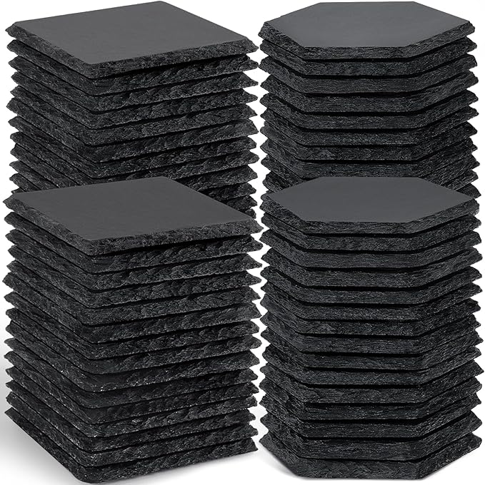 60 PCS Slate Stone Coasters Bulk, MAPRIAL 4 Inch Black Handmade Drink Coasters, 30 PCS Square, 30 PCS Hexagon, Ideal for Laser Engraving, Engravable Blanks Material for Engraver, Home Decor, Gifts