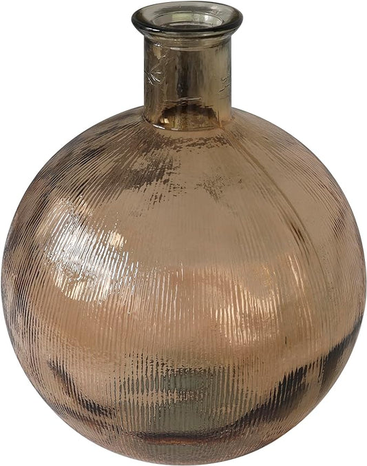 Deco 79 Recycled Glass Handmade Decorative Vase Spanish Bottle Neck Ribbed Centerpiece Vase, Flower Vase for Home Decoration 13" x 13" x 17", Brown