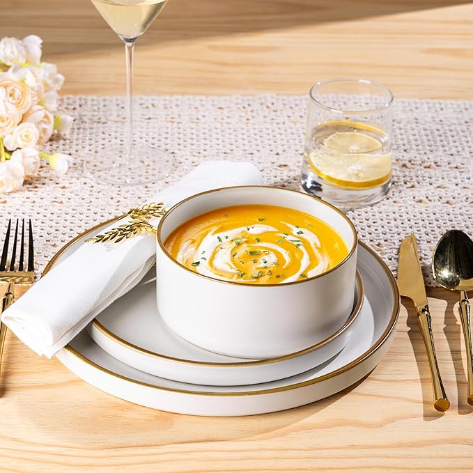 LERATIO Ceramic Dinnerware Sets for 4,Matte Stoneware Plates and Bowls Set, Chip and Crack Resistant | Oven & Dishwasher & Microwave Safe Dishes Set, Service for 4-Dusted Gold Rim