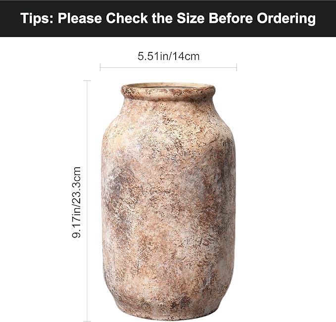 Rustic Terracotta Vase, Farmhouse Ceramic Vase, Decorative Clay Vintage Vases for Home Decor, Living Room,Table, Shelf Decor, 9 inch, Brown