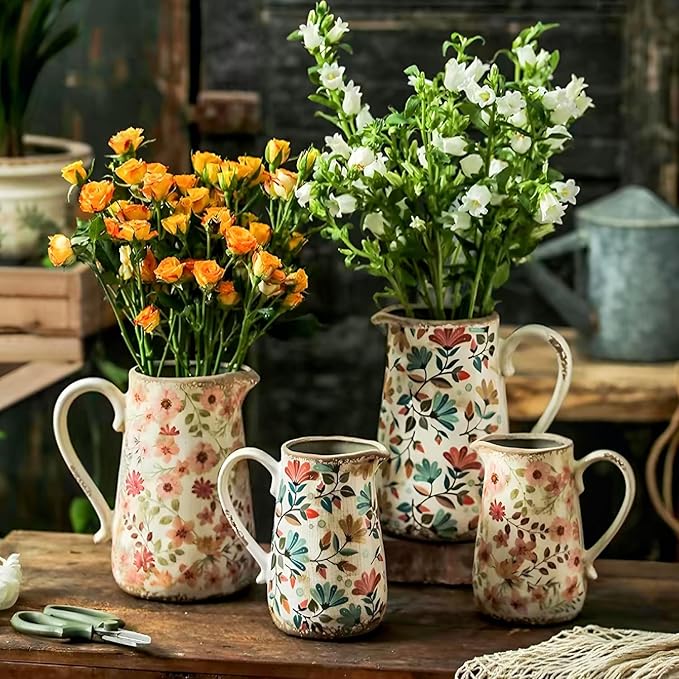 Vintage Colorful Daisy Flora Ceramic Vase with Handle, Retro Ice Glazed Crack Farmhouse Pitcher Vase for Home Decor, Living Room, Shelf, Office, Rustic Table Centerpiece 7 Inch