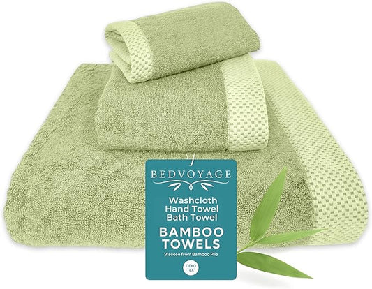 BedVoyage Luxury Bath Towels Set of 3 - Ultra Soft Plush Bathroom Towel Set - Highly Absorbent Viscose from Bamboo Bath Towels Ultra Soft - 3pc Spa Towel for Body - Sage