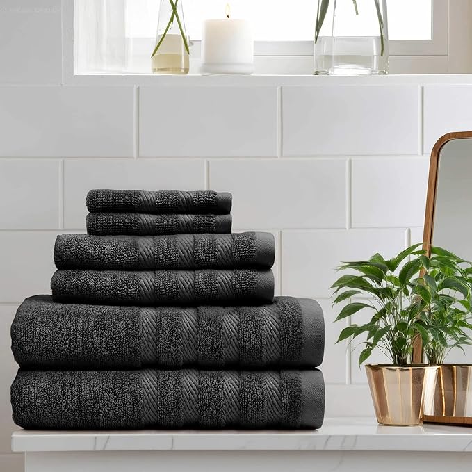 Hearth & Harbor Bath Towels for Bathroom - 100% Ring Spun Cotton Luxury Bathroom Towels - Soft & Highly Absorbent Bath Towels Set, 6 Piece Set, Black