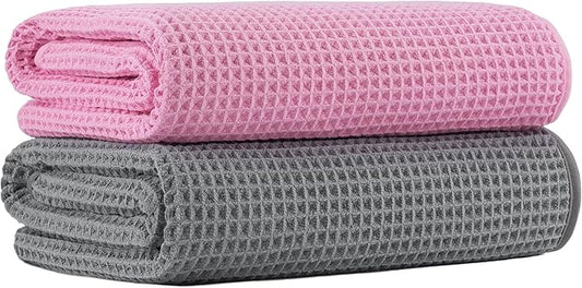 New Microfiber Waffle Bath Towels, 2 Pieces, Oversized, Soft, Absorbent, Fast Drying, Lint Free (Gray+Pink)