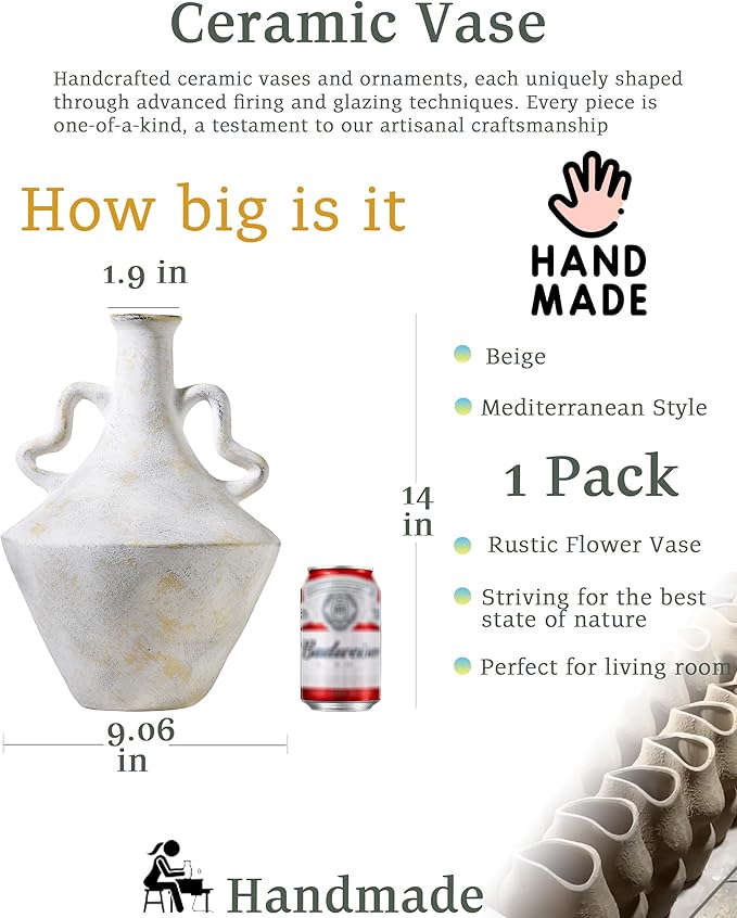 UPWOIGH Ceramic Flower Vase, 14 inch Tall Off-White Farmhouse Rustic Vase, Handcrafted Weathered Handles Pottery Vases, Large Flower Terracotta Vases for Home Decor, Living Room, Table, Shelf