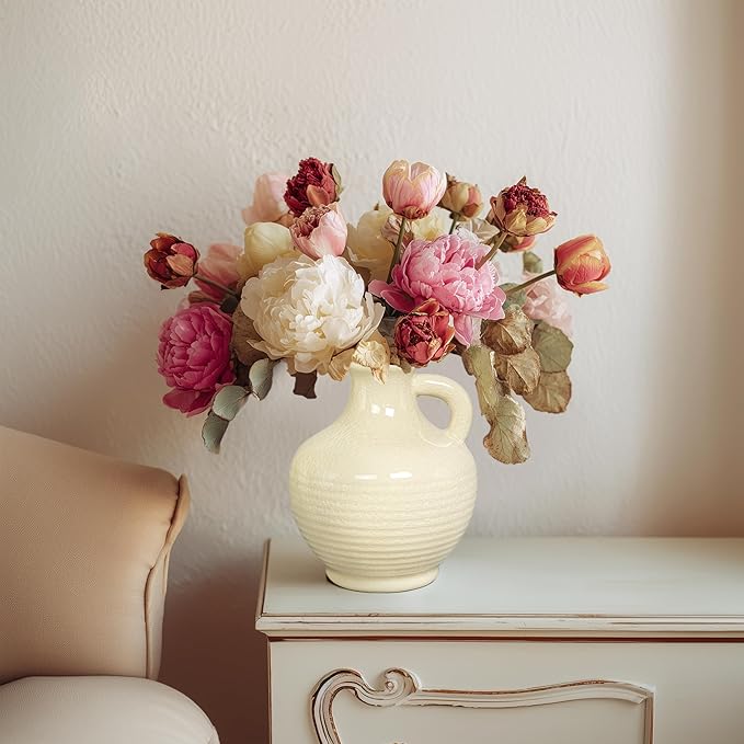 Sunddo White Ceramic Vase 6 Inch - Small Modern Flower Vase for Home Decor, Decorative Vases with Handle, Boho & Minimalist, Living Room Cabinet Table Centerpieces Wedding Beige