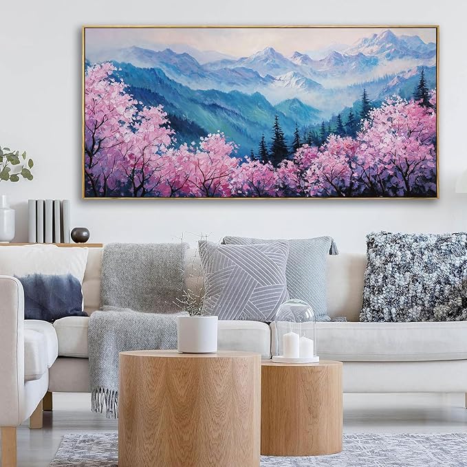 yiijeah Large Canvas Wall Art Work for Wall Decor Living Room Mountain Pink Tree Landscape Picture Framed Paintings Artwork for Bedroom Office Home Decoration